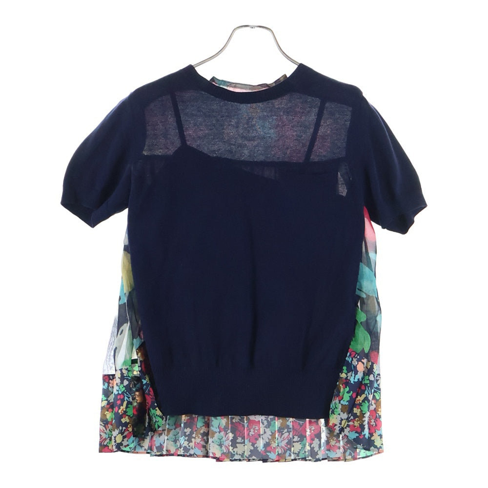 Sacai(サカイ) 18SS フローラル柄デザイン レース切り替え クルーネック 半袖ニット セーター レディース ネイビー 18-03825