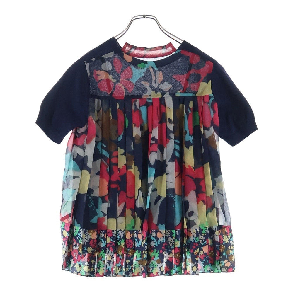 Sacai(サカイ) 18SS フローラル柄デザイン レース切り替え クルーネック 半袖ニット セーター レディース ネイビー 18-03825