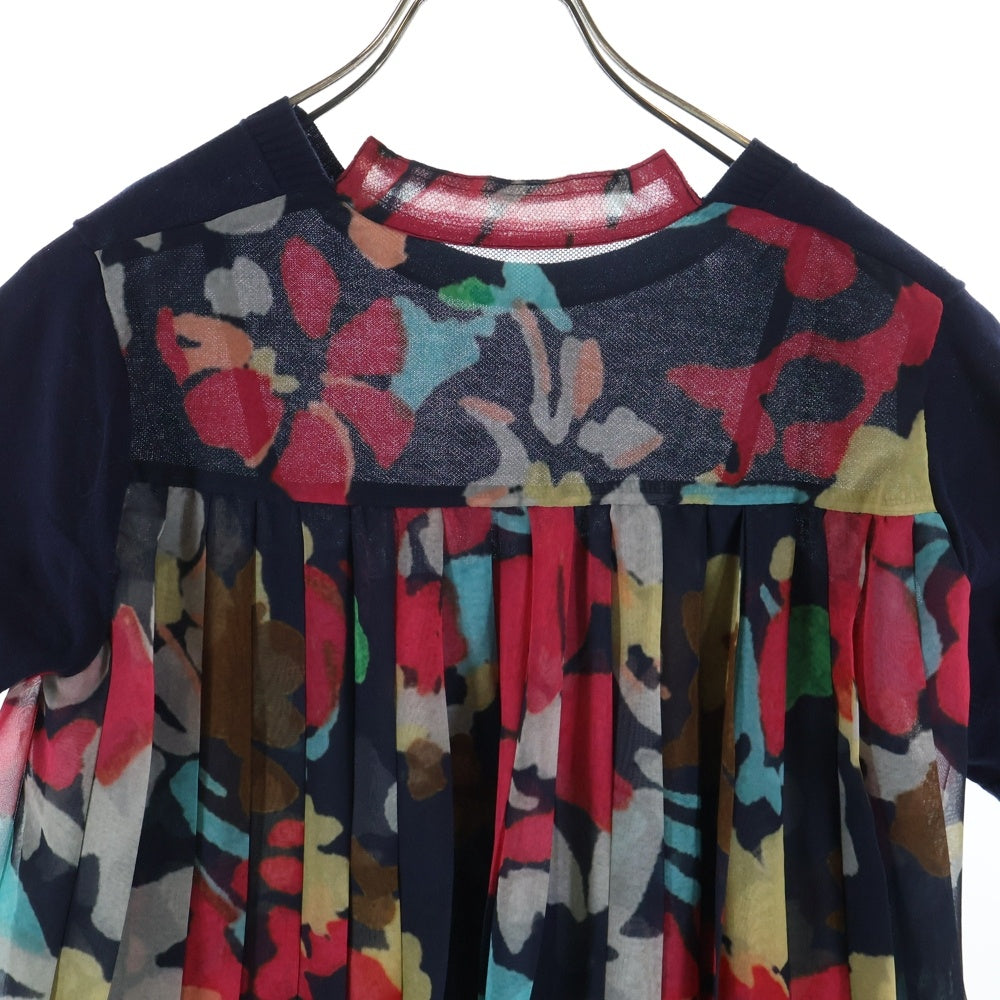 Sacai(サカイ) 18SS フローラル柄デザイン レース切り替え クルーネック 半袖ニット セーター レディース ネイビー 18-03825