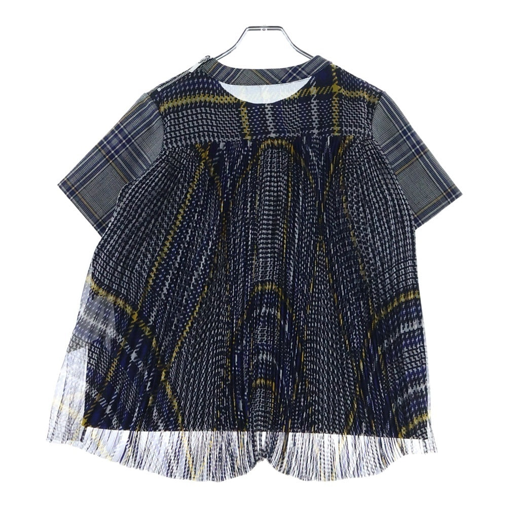 Sacai(サカイ) 総柄レース切り替え ショルダージップ 胸ポケット クルーネック チェック柄 半袖カットソー レディース グレー 18-04160