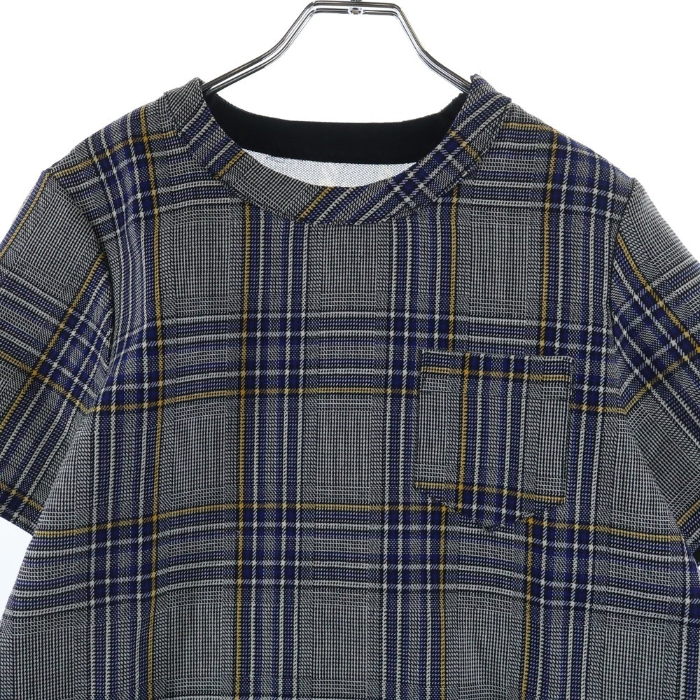 Sacai(サカイ) 総柄レース切り替え ショルダージップ 胸ポケット クルーネック チェック柄 半袖カットソー レディース グレー 18-04160