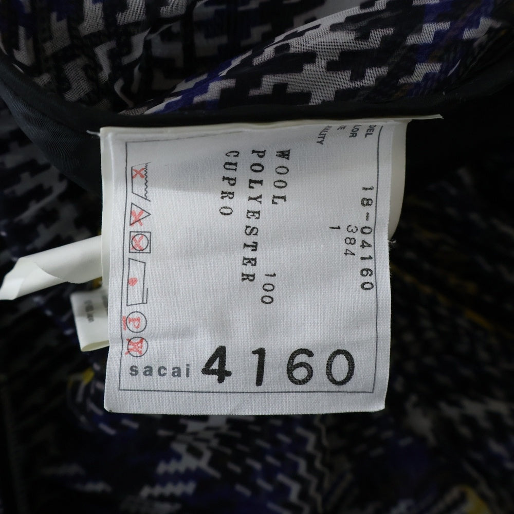 Sacai(サカイ) 総柄レース切り替え ショルダージップ 胸ポケット クルーネック チェック柄 半袖カットソー レディース グレー 18-04160