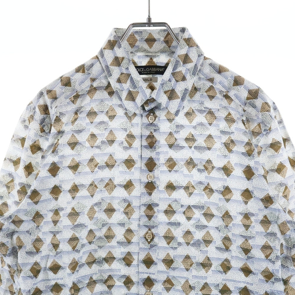 DOLCE & GABBANA(ドルチェアンドガッバーナ) GOLDライン 総柄 長袖ドレスシャツ ブルー/ホワイト/ブラウン G5DY4T FS5QV