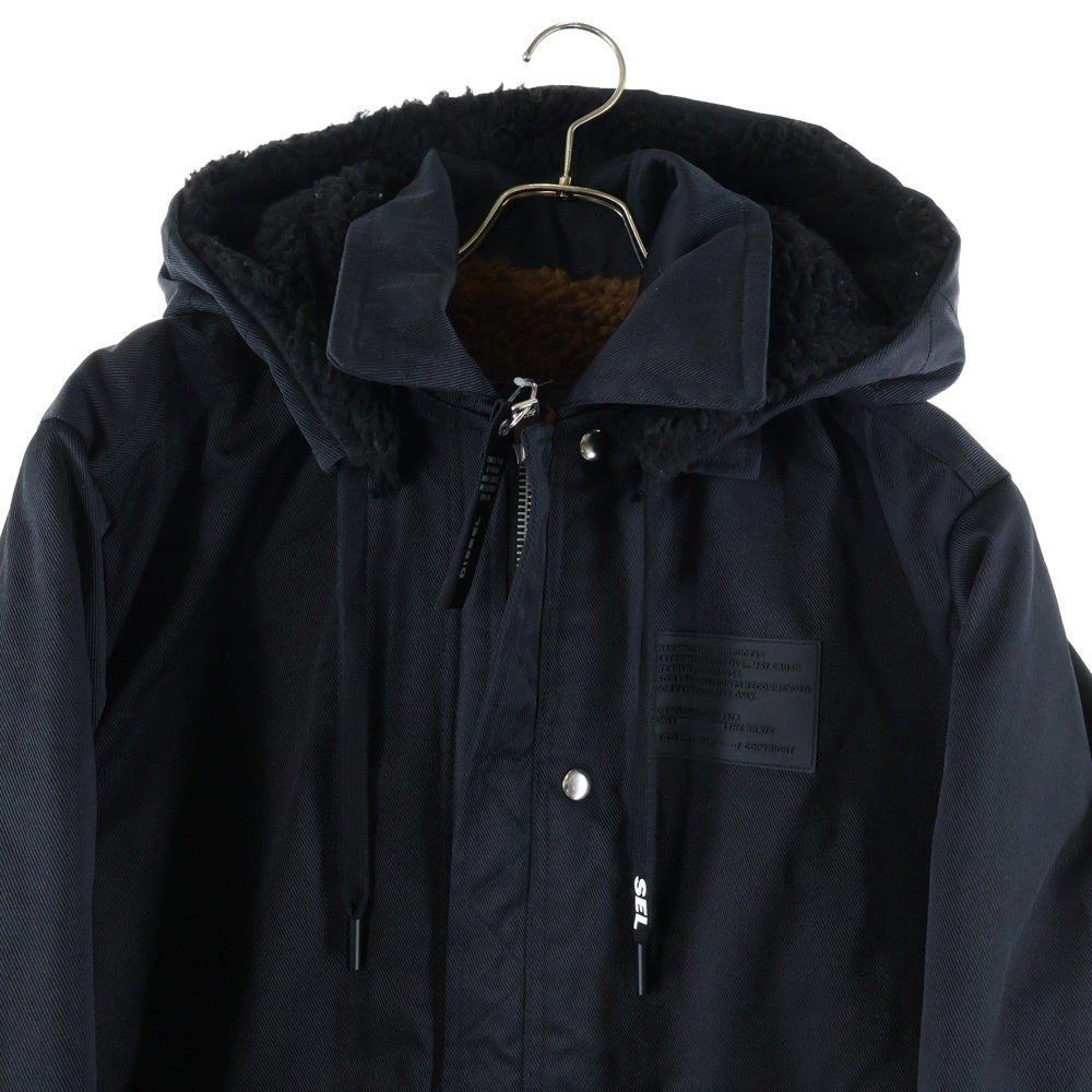 DIESEL(ディーゼル) 裏ボア ラバーパッチ フーデッド 中綿ロングコート ブラック