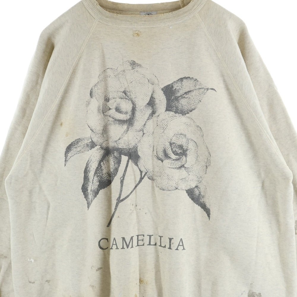 SAINT MICHAEL(セントマイケル) 21AW RGLN SWT SH CAMELLIA VINTAGE加工 カメリアプリント ラグランスウェット トレーナー アイボリー SM-A21-0000-029