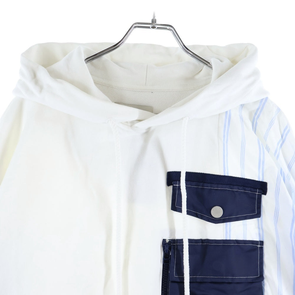 Feng Chen Wang(フェン チェン ワン) JERSEY SHIRTING PANELLED HOODIE ストライプ ドッキングデザイン オーバーサイズ スウェット プルオーバーパーカー ホワイト/ブルー FMF14HD01