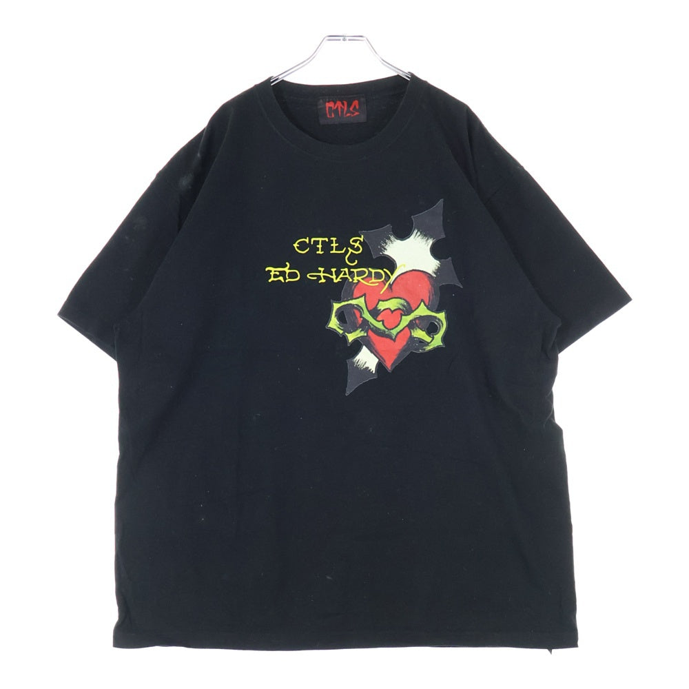 cvtvlist(カタリスト) ×ED HARDY エドハーディ 両面プリント クルーネック 半袖Tシャツ カットソー ブラック 210111EH07