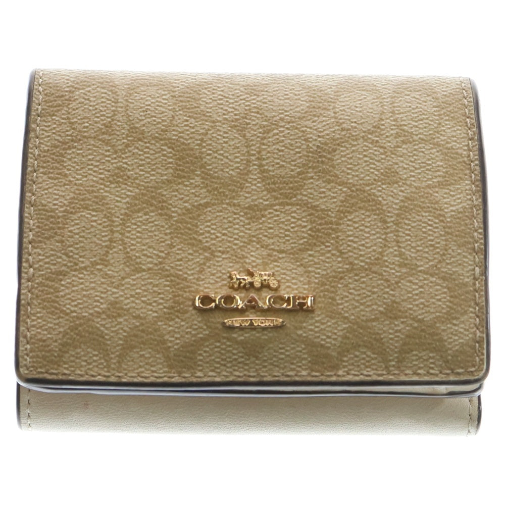 COACH(コーチ) ロゴデザイン キャンバス レザーコンパクトウォレット 3つ折り財布 総柄 ベージュ レディース