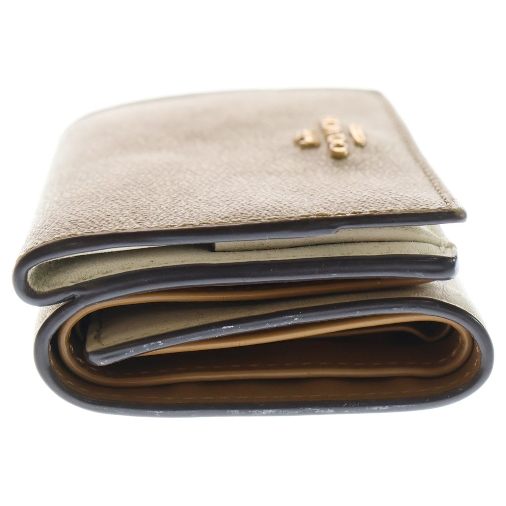 COACH(コーチ) ロゴデザイン キャンバス レザーコンパクトウォレット 3つ折り財布 総柄 ベージュ レディース