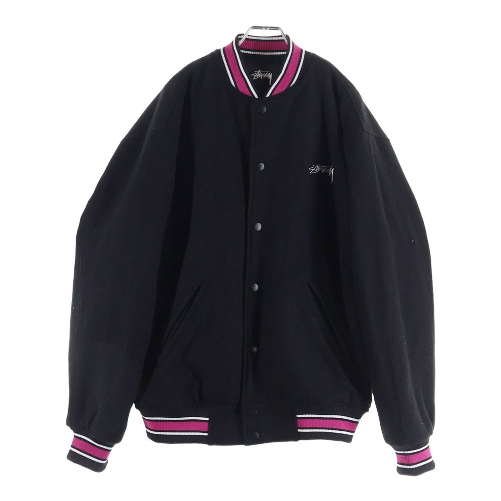 STUSSY(ステューシー) VARSITY JACKET 両面エンブロイダリーデザイン ダブルポケット バーシティー スタジアムジャンパー ブラック