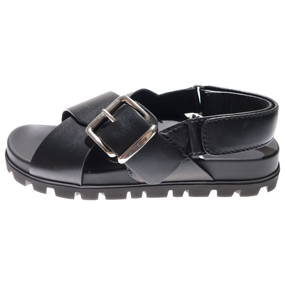miumiu(ミュウミュウ) Smooth Leather Flat Sandals ロゴバックル レザーフラットサンダル ブラック レディース 5X214E