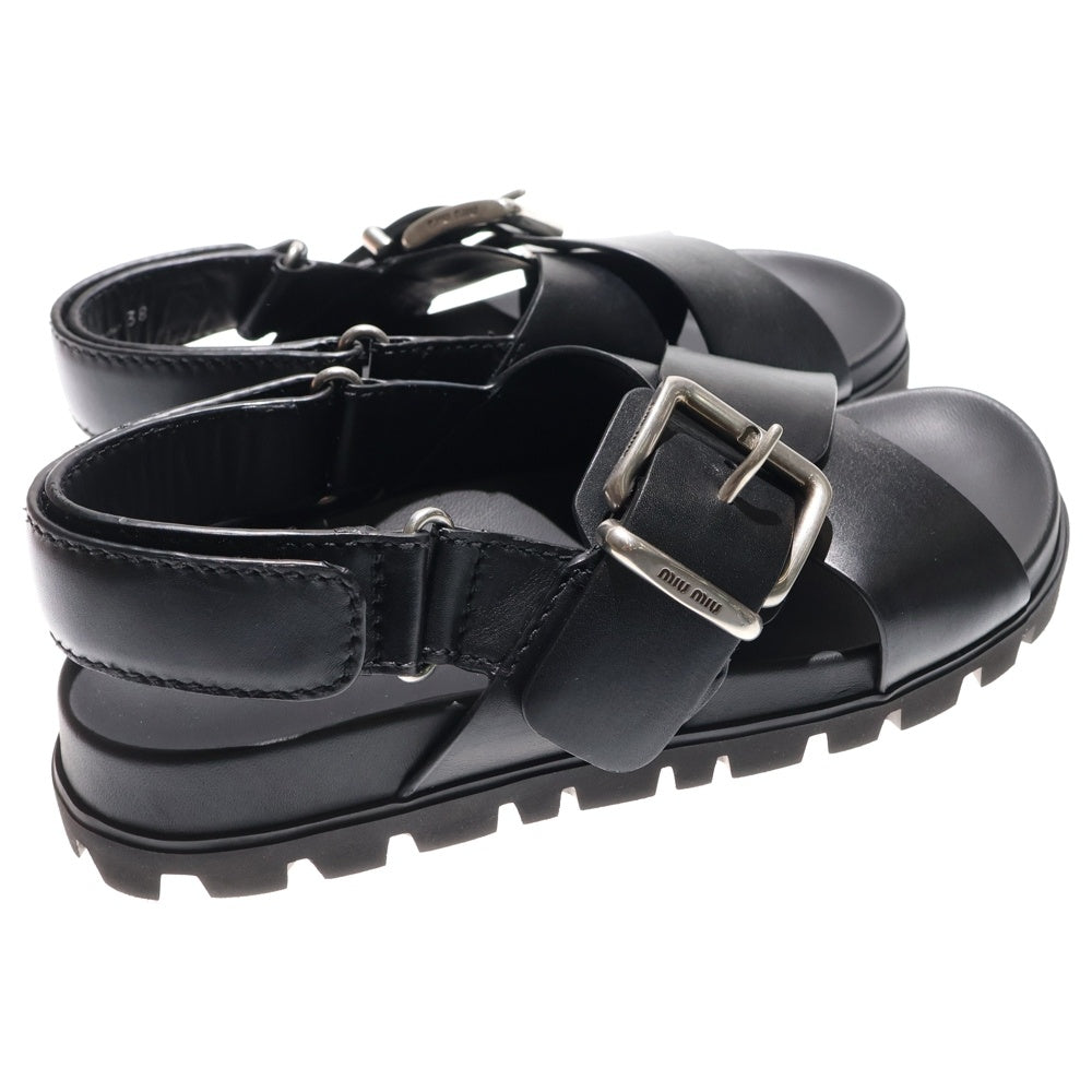 miumiu(ミュウミュウ) Smooth Leather Flat Sandals ロゴバックル レザーフラットサンダル ブラック レディース 5X214E