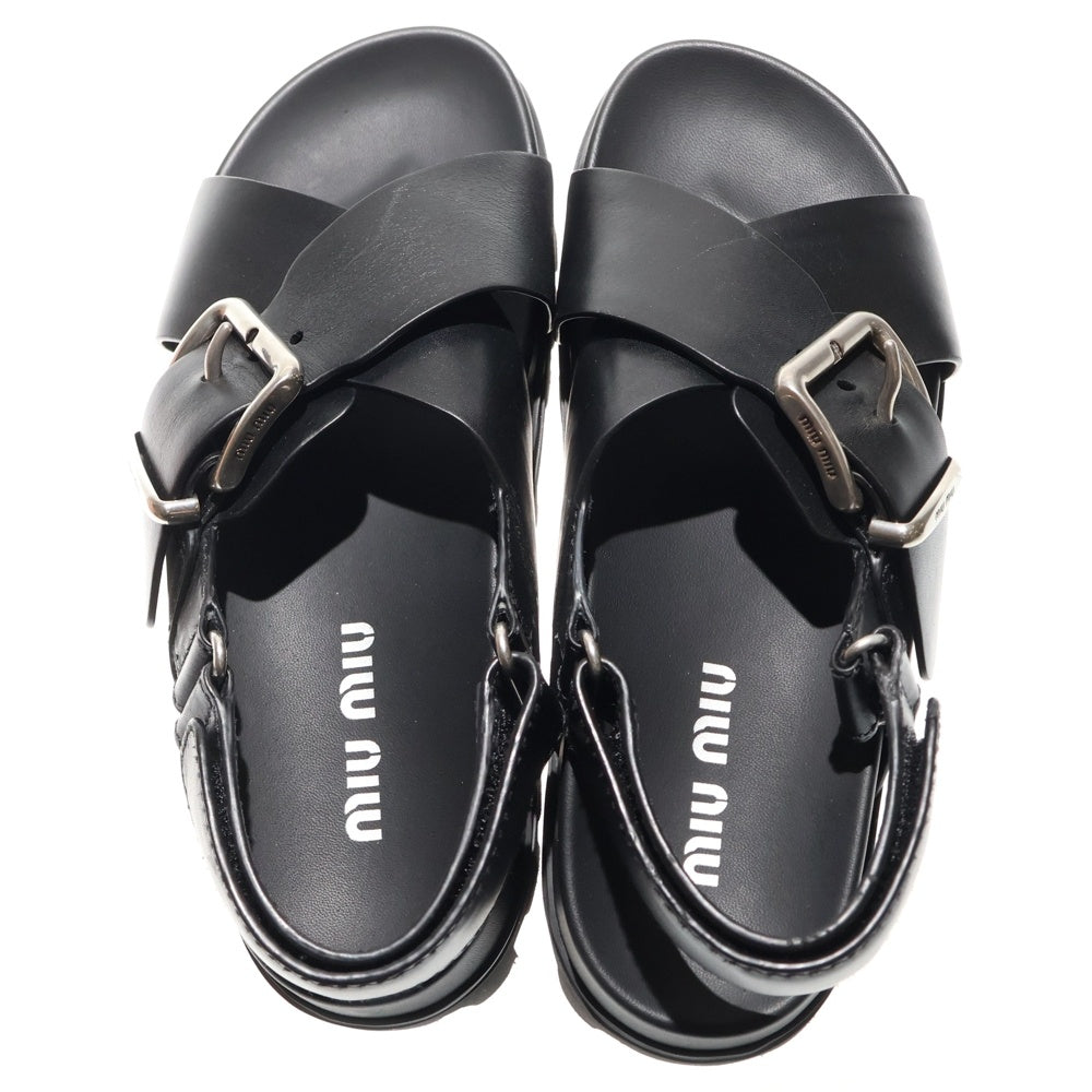 miumiu(ミュウミュウ) Smooth Leather Flat Sandals ロゴバックル レザーフラットサンダル ブラック レディース 5X214E