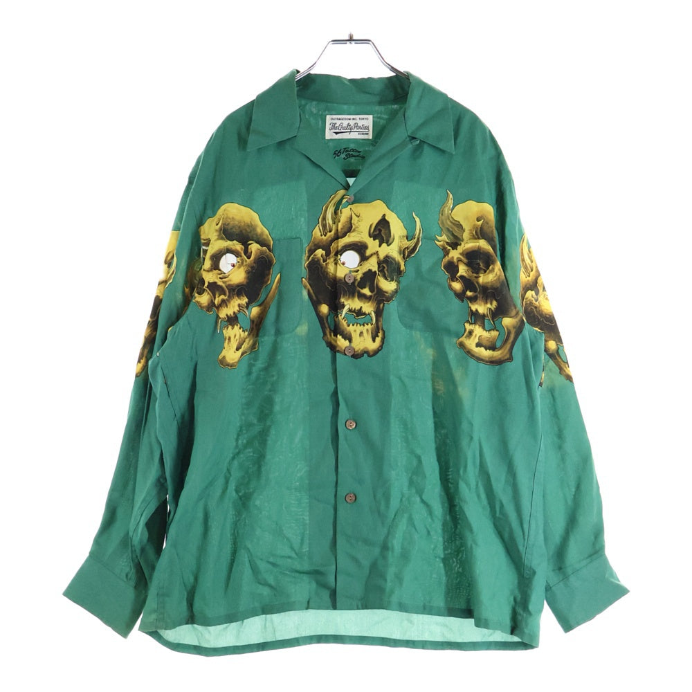 WACKO MARIA(ワコマリア) ×56TATOO STUDIO HAWAIIAN SHIRTS L/L 56タトゥー スタジオ フロントドクロデザイン 胸ポケット オープンカラー ハワイアン長袖シャツ グリーン