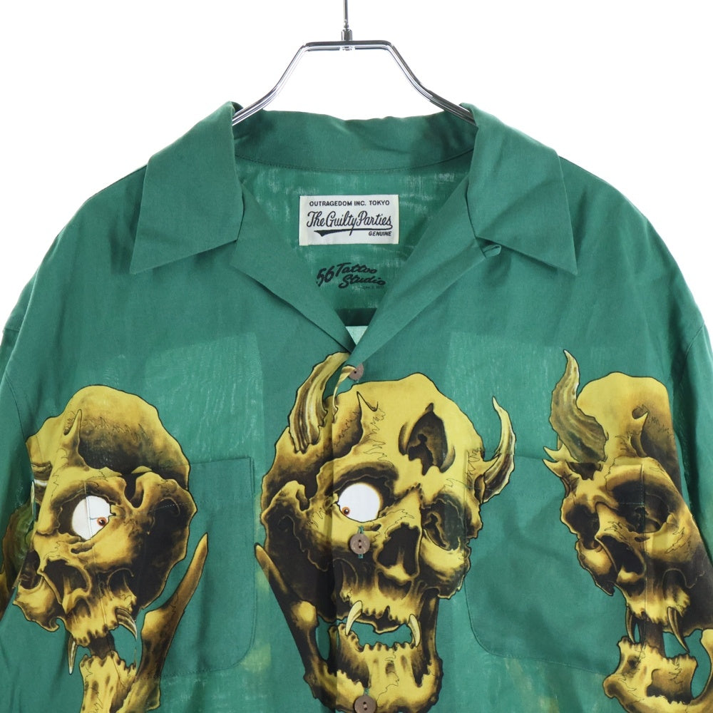WACKO MARIA(ワコマリア) ×56TATOO STUDIO HAWAIIAN SHIRTS L/L 56タトゥー スタジオ フロントドクロデザイン 胸ポケット オープンカラー ハワイアン長袖シャツ グリーン