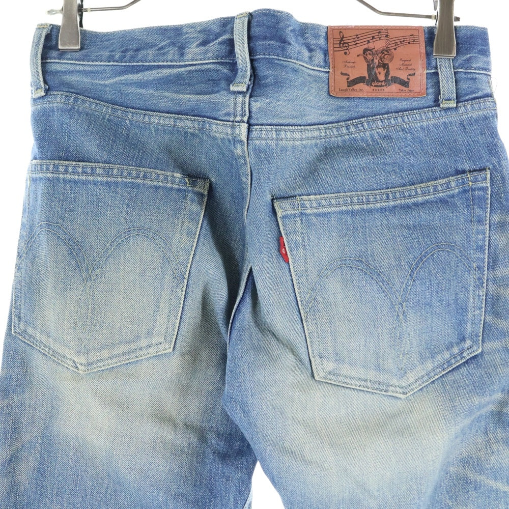 glamb(グラム) 日本製 ダメージ加工 レザーパッチワークデザイン ボタンフライ デニムパンツ インディゴ