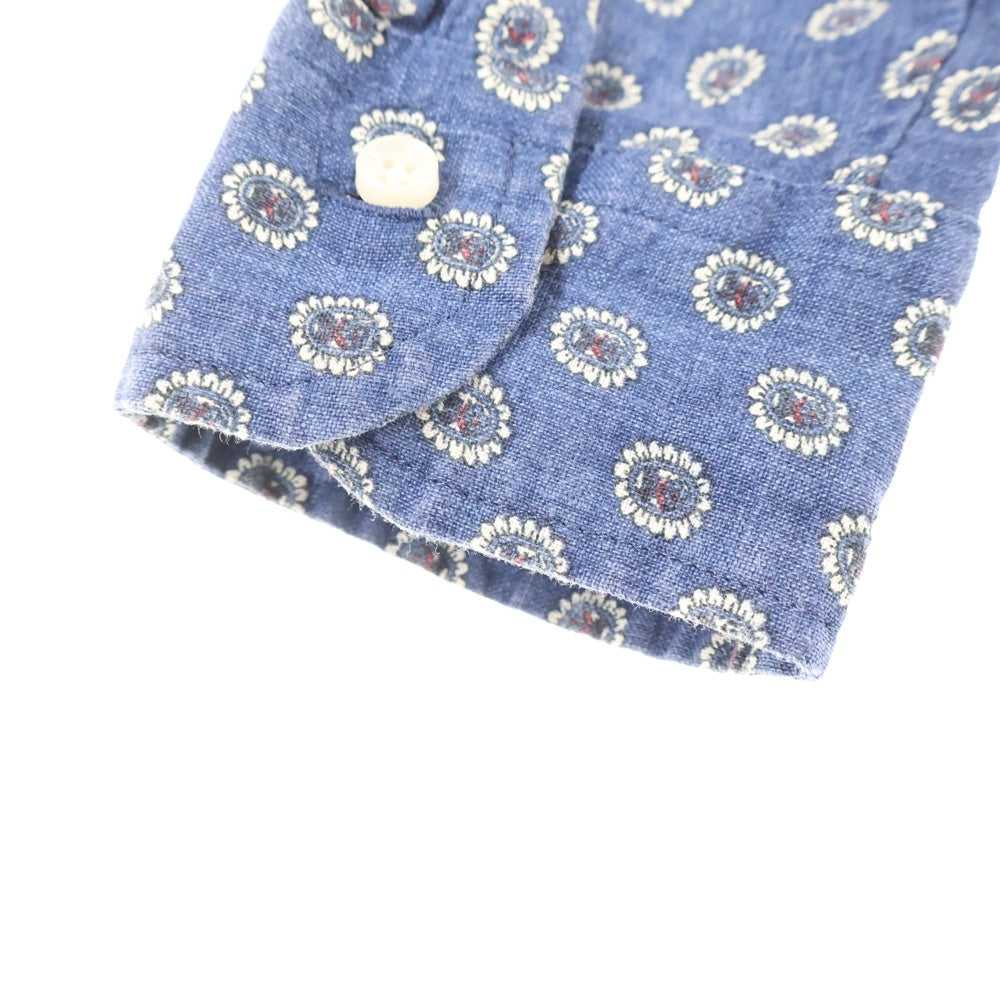 BEAMS Lights(ビームスライツ) 総柄 リネン ボタンダウン 長袖シャツ ブルー