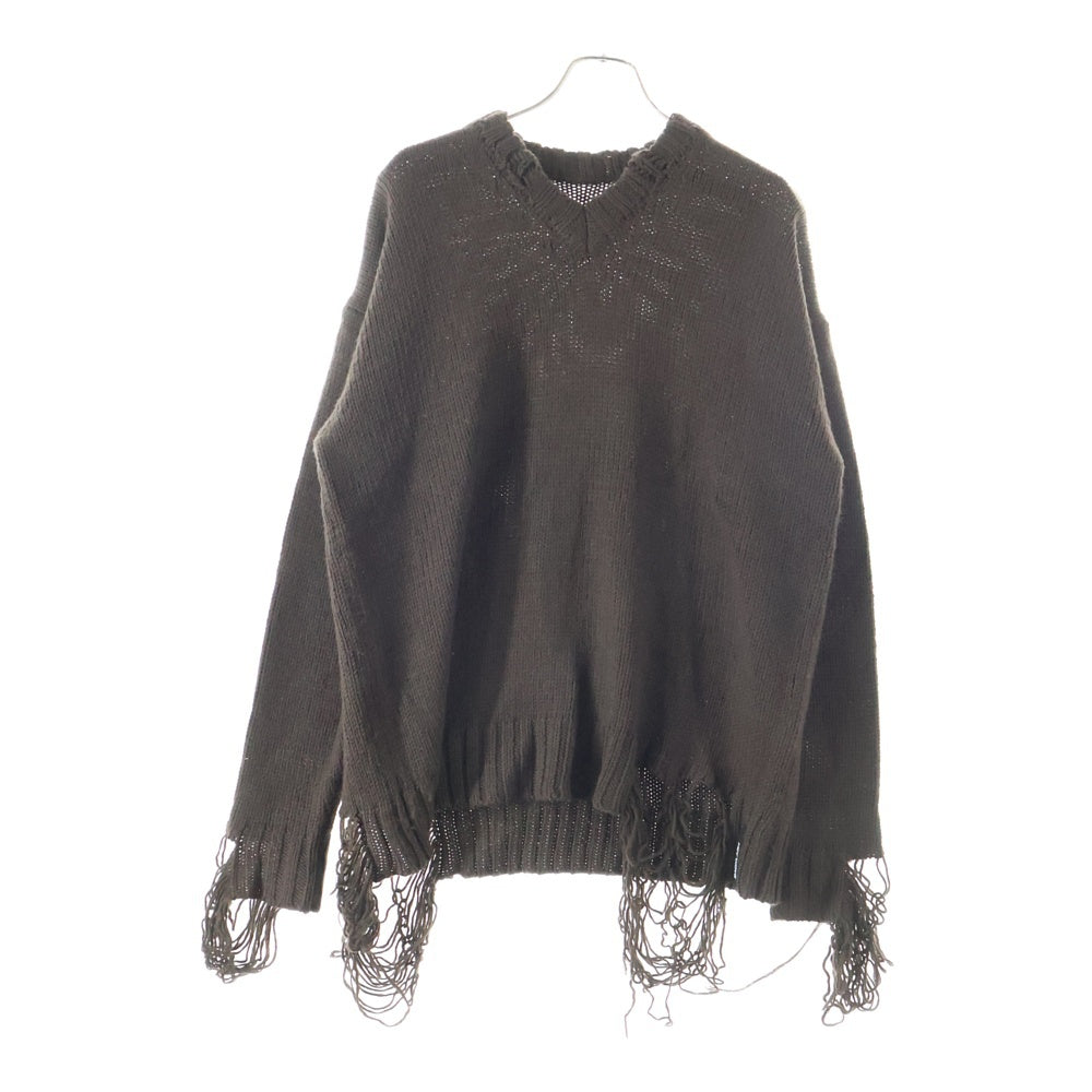 ISAMU KATAYAMA BACKLASH(イサムカタヤマバックラッシュ) WOOL/ACRYLIC CLASH KNIT PULLOVER クラッシュ加工 ウールアクリル Vネック 長袖プルオーバーニットセーター ブラウン KN-782-01