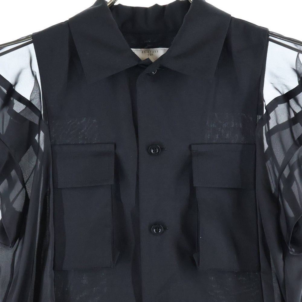 Sacai(サカイ) 25SS SUITING SATIN DRESS スイッチング サテン マルチポケット 半袖ワンピース ドレス レディース ブラック 25-07807