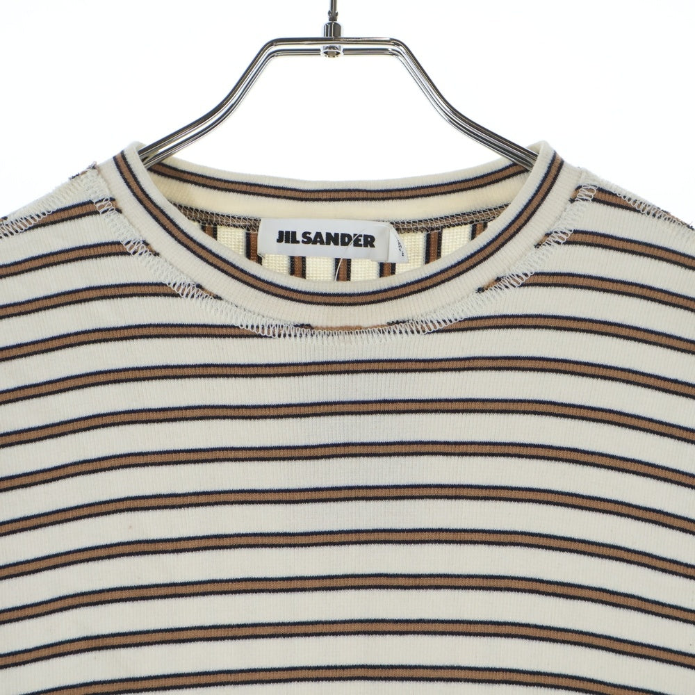 JIL SANDER(ジルサンダー) ボーダー クルーネック長袖Tシャツ カットソー ホワイト/ブラウン JSUO707013 MO247318