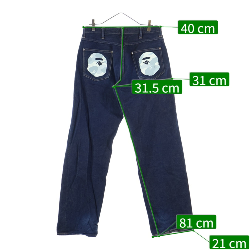 A BATHING APE(アベイシングエイプ) バックポケットカモ柄エイプヘッドプリント ジップフライデニムパンツ インディゴ
