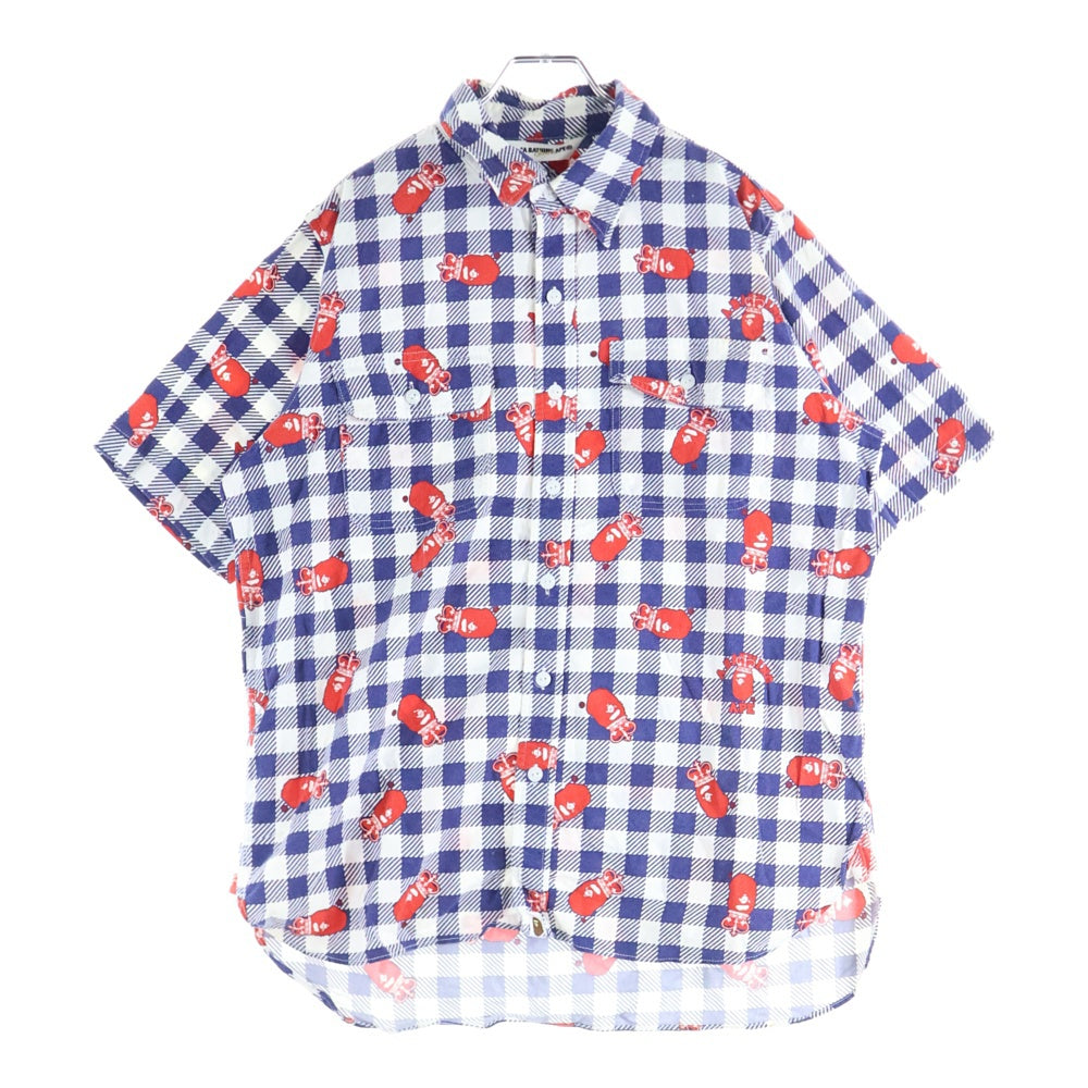 A BATHING APE(アベイシングエイプ) エイプ総柄 半袖チェックシャツ ブルー/ホワイト/レッド