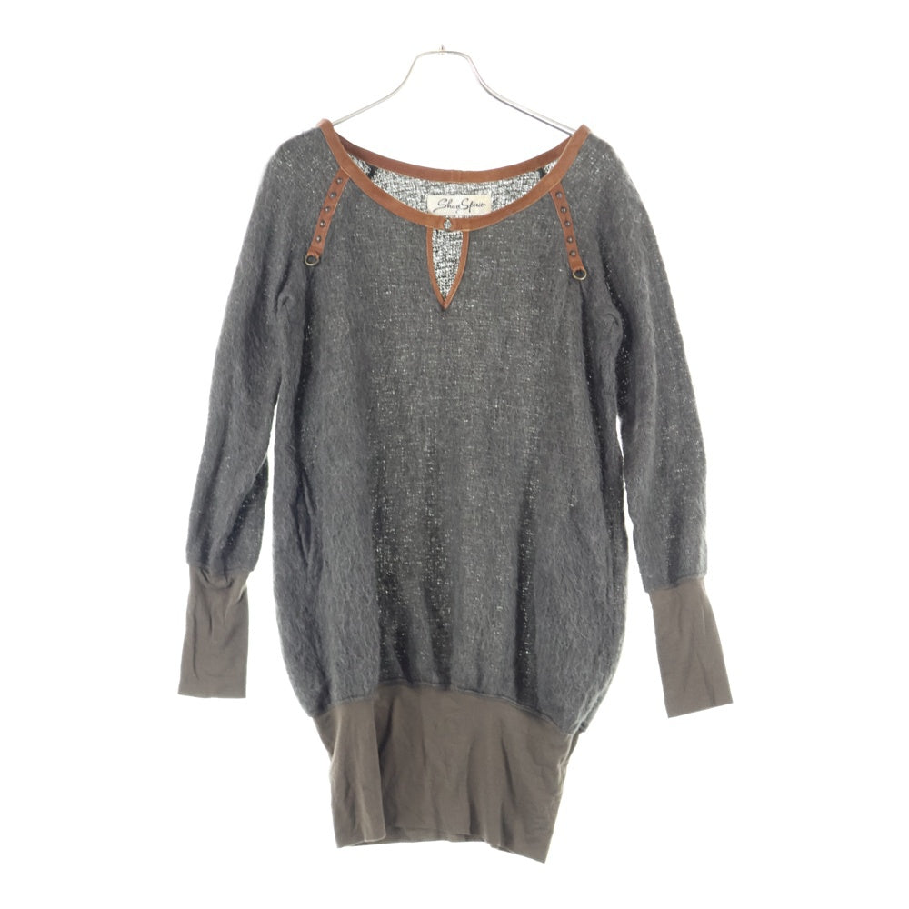 SHARE SPIRIT(シェアスピリット) スタッズ レザーネック ウール長袖ニット セーター グレー KA1410