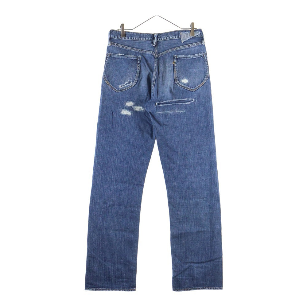 NO BRAND(ノーブランド) R by 45RPM (アールバイフォーティーアールピーエム) ダメージ加工 ボタンフライ ストレートデニムパンツ ジーンズ レディース インディゴ
