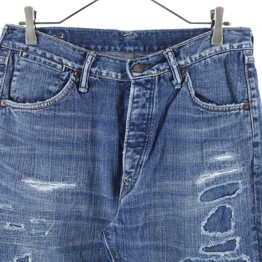 NO BRAND(ノーブランド) R by 45RPM (アールバイフォーティーアールピーエム) ダメージ加工 ボタンフライ ストレートデニムパンツ ジーンズ レディース インディゴ