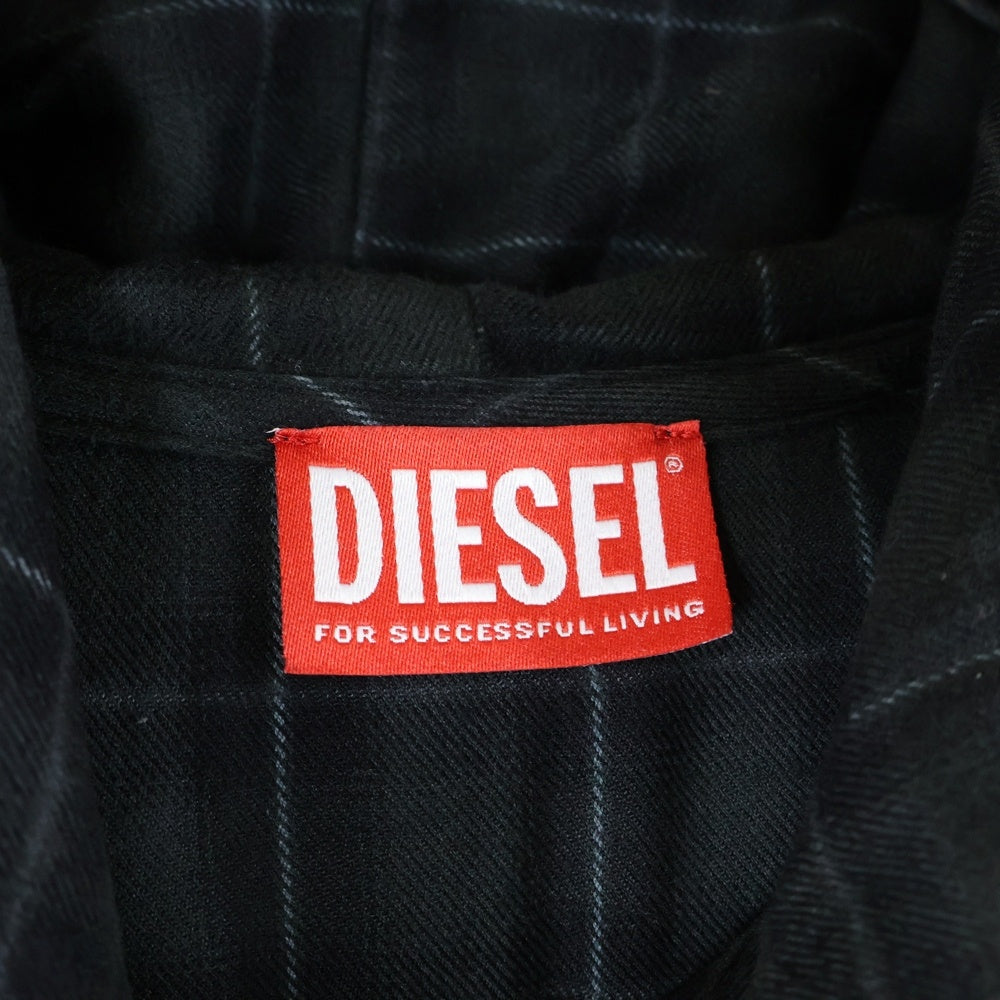 DIESEL(ディーゼル) 格子柄デザイン ドローストリング フーデッド チェック長袖シャツ グリーン/ブラック A16214