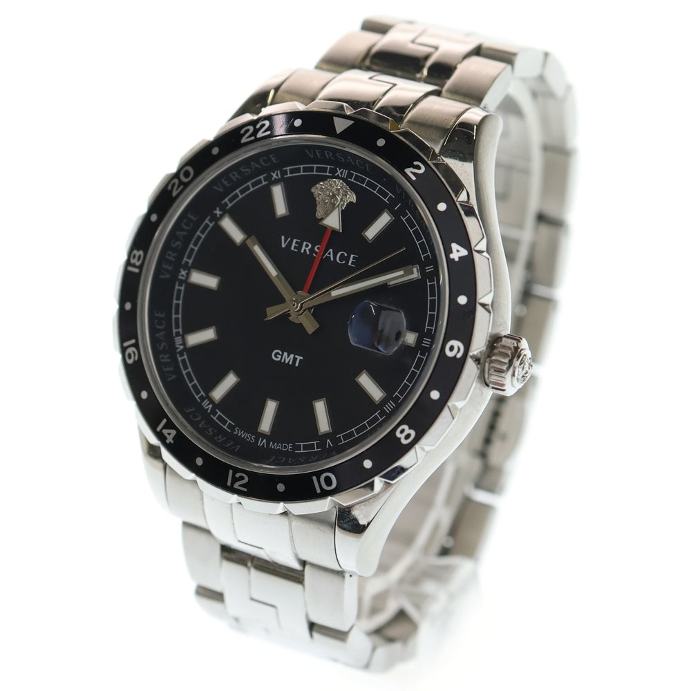 VERSACE(ヴェルサーチ) HELLENYIUM GMT ヘレニウム メデューサ ロゴ クォーツ ウォッチ 黒文字盤 腕時計 シルバー/ブラック 29499
