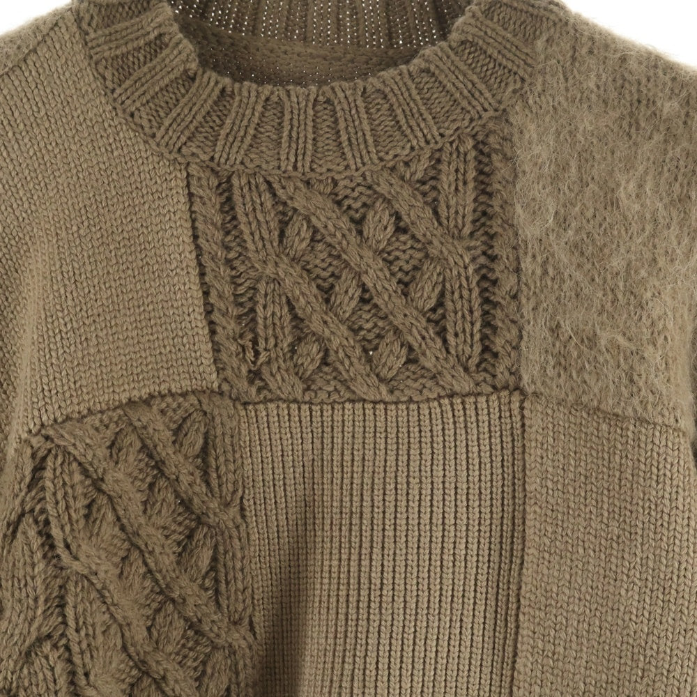 Sacai(サカイ) 24AW Patchwork Knit Pullover パッチワーク ウールニットパフスリーブ 半袖プルオーバーニットセーター レディース ブラウン 24-07582