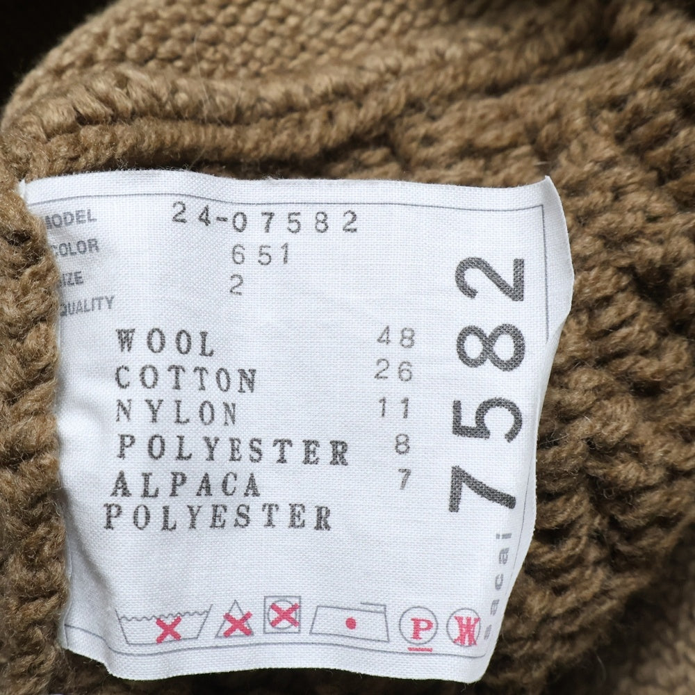 Sacai(サカイ) 24AW Patchwork Knit Pullover パッチワーク ウールニットパフスリーブ 半袖プルオーバーニットセーター レディース ブラウン 24-07582