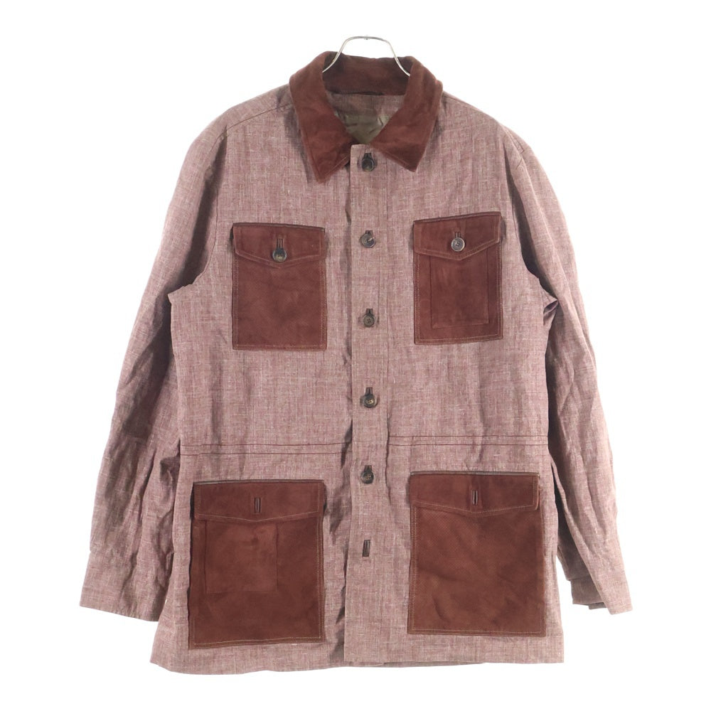 Brioni(ブリオーニ) レザー切り替え マルチポケット シャツジャケット レッド