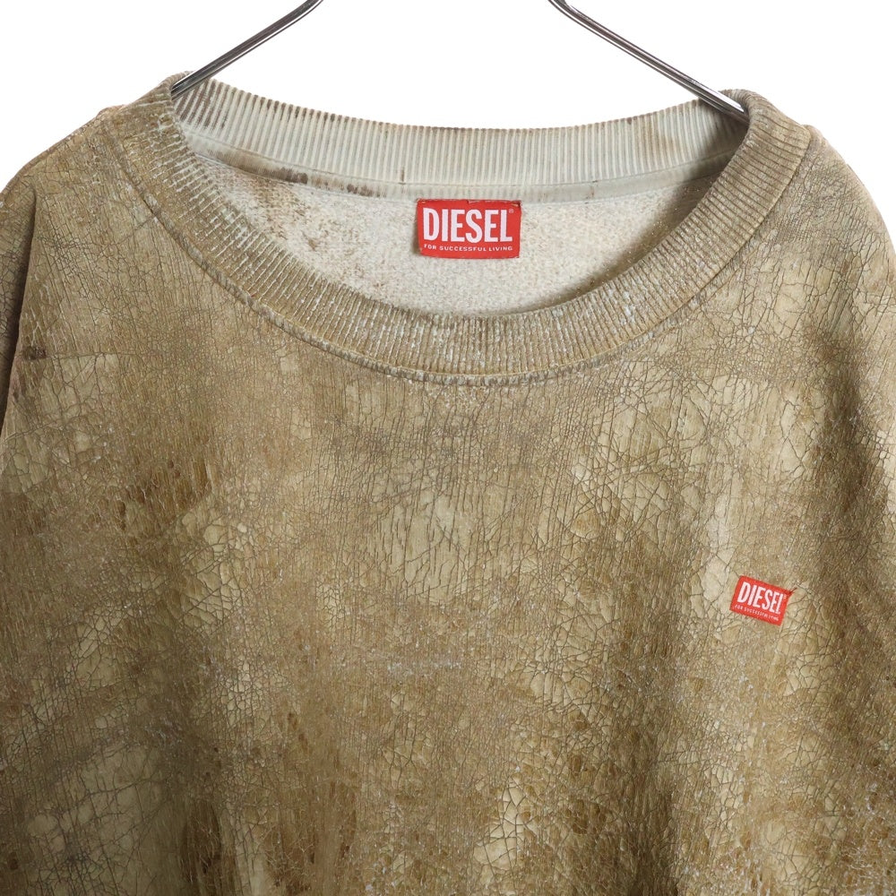 DIESEL(ディーゼル) S-NABEL-FLEE 全面クラックプリント 長袖クルーネック スウェットトレーナー ブラウン A12488