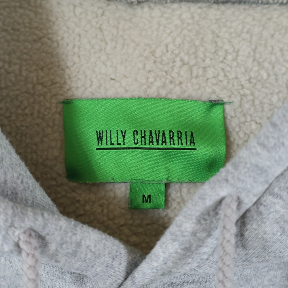 WILLY CHAVARRIA(ウィリーチャバリア) カンガルーポケット 胸ジップポケット ドローストリング フーデッド スウェット パーカー グレー
