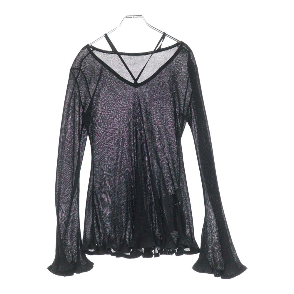 AMERI(アメリ) SHEER FRILL V NECK KNIT TOP シアー フリル Vネック ニット トップ ロングスリーブカットソー レディース ブラック 0125201960130