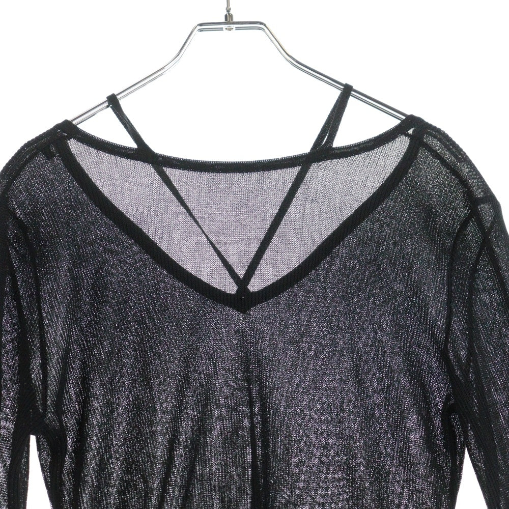 AMERI(アメリ) SHEER FRILL V NECK KNIT TOP シアー フリル Vネック ニット トップ ロングスリーブカットソー レディース ブラック 0125201960130