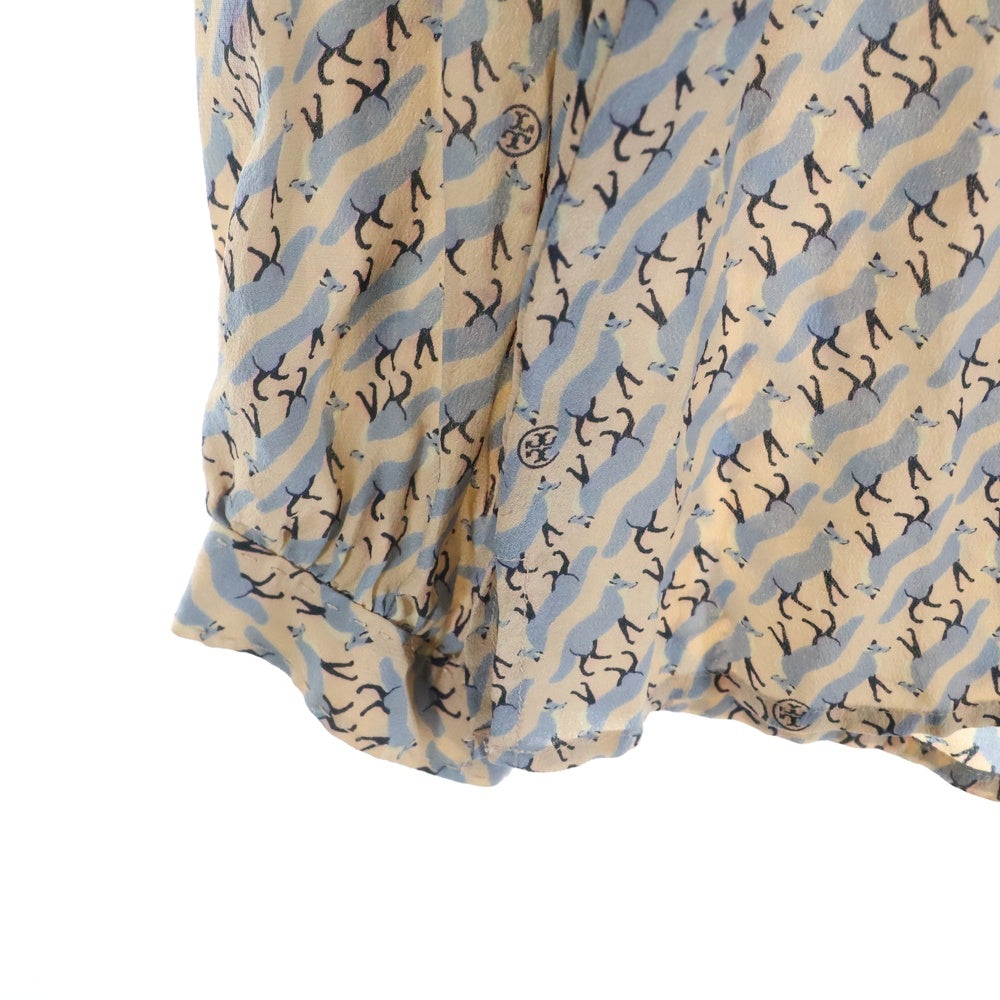 TORY BURCH(トリー バーチ) 総柄 ロングスリーブ ノーカラーシルクシャツ レディース ベージュ/ブルー 31121114