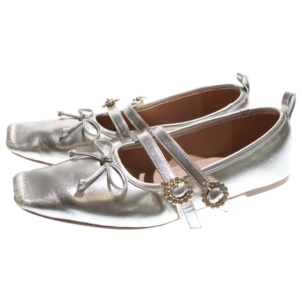 FURFUR(ファーファー) リボン付き メリージェーン スクエアトゥ フラットシューズ レディース シルバー