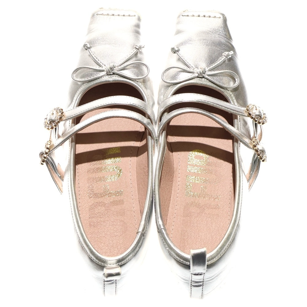 FURFUR(ファーファー) リボン付き メリージェーン スクエアトゥ フラットシューズ レディース シルバー