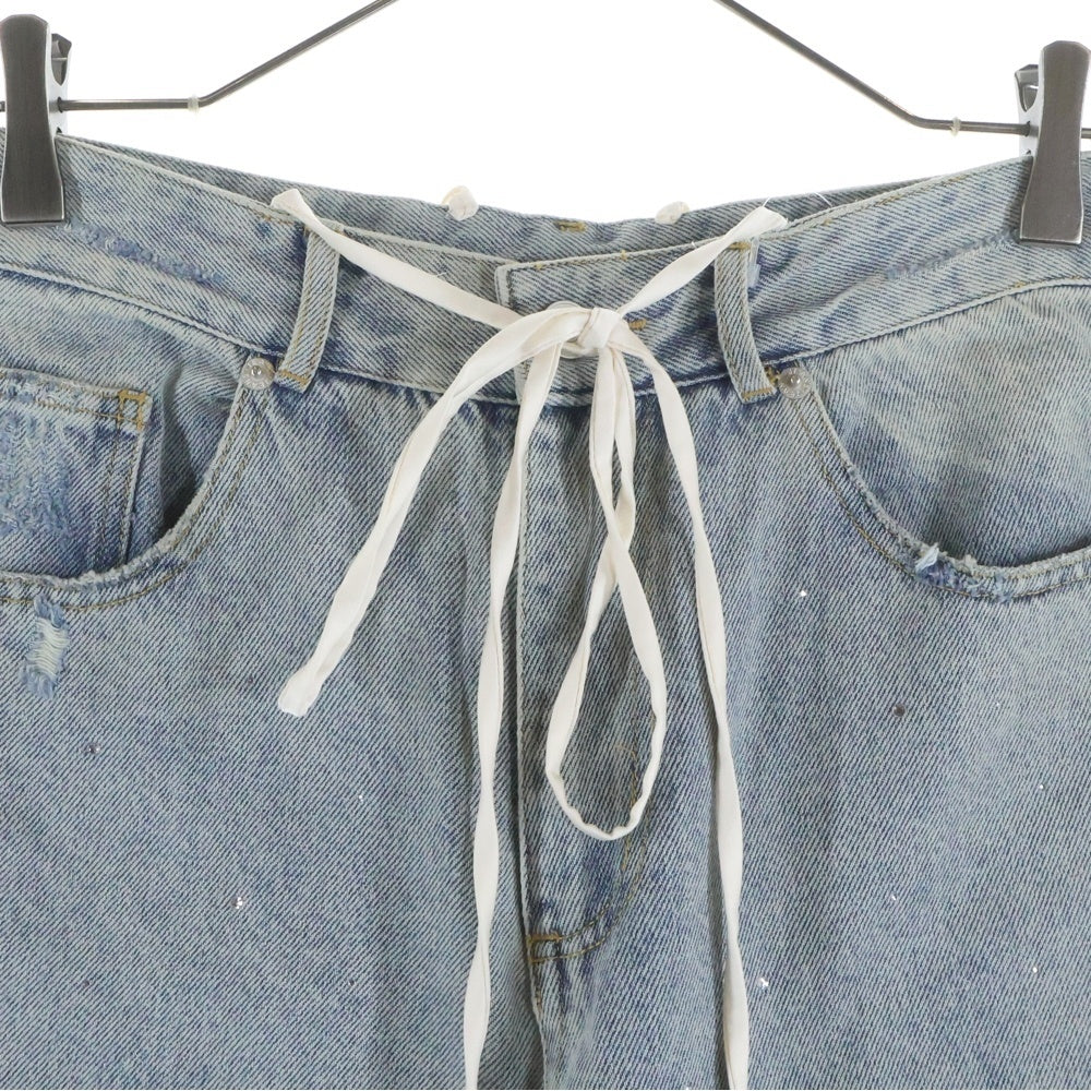 M me eme(エムミーエメ) SIDE RIBBON STRAIGHT DENIM ダメージ加工 サイドリボン ストレートデニムパンツ インディゴ レディース 10390