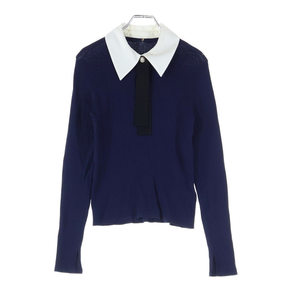 NO BRAND(ノーブランド) NATURAL BEAUTY BASIC ナチュラルビューティーベーシック 24SS リボンタイ付き リブニット セーター ネイビー レディース 017-4170347