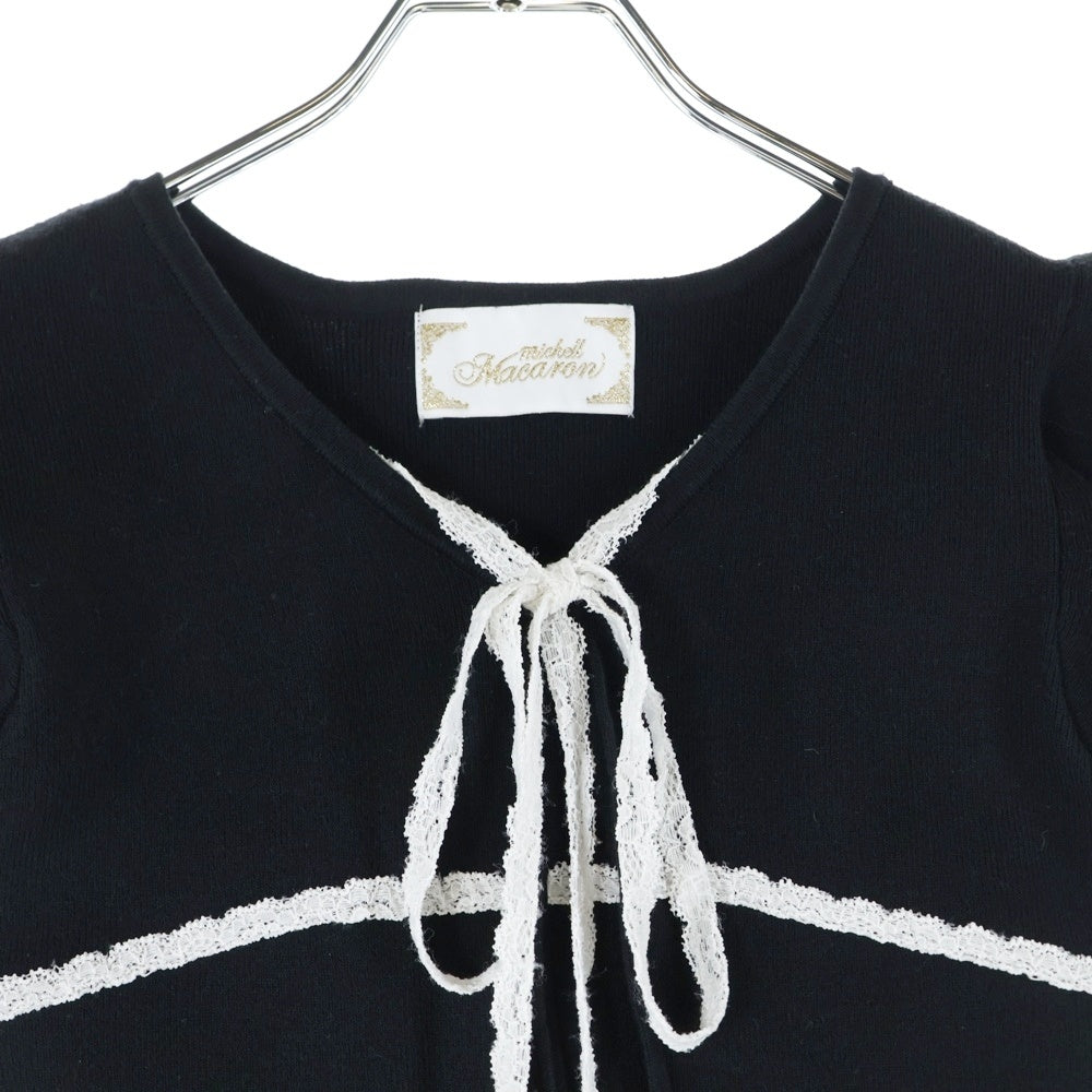 NO BRAND(ノーブランド) michellMacaron ミシェルマカロン レースリボンデザイン 半袖ニット セーター ブラック レディース SFY0467C