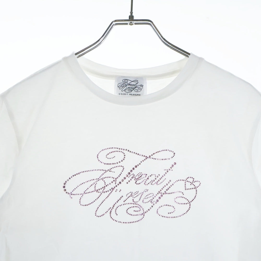 TREAT URSELF(トリートユアセルフ) ラインストーン装飾 クルーネック 半袖Tシャツ カットソー ホワイト レディース 1241-0191-TR-1