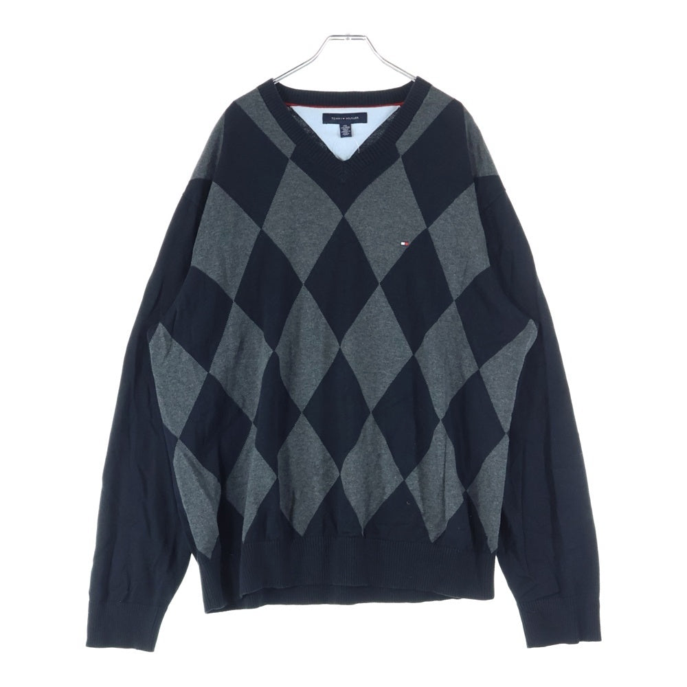 TOMMY HILFIGER(トミーヒルフィガー) ロゴパッチ Vネックニットセーター ブラック/グレー 0500606