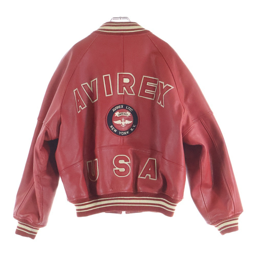 AVIREX(アヴィレックス) バックロゴワッペン フロント刺繍 ラムレザー バーシティジャケット スタジャン レッド