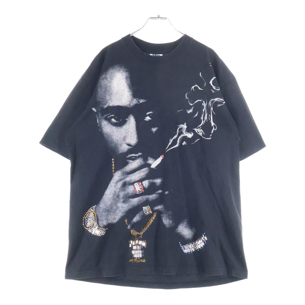 VINTAGE(ヴィンテージ) 90S-00S VINTAGE 2PAC ヴィンテージ ライトストーン スタッズ フロントプリント クルーネック半袖Tシャツ カットソー ブラック