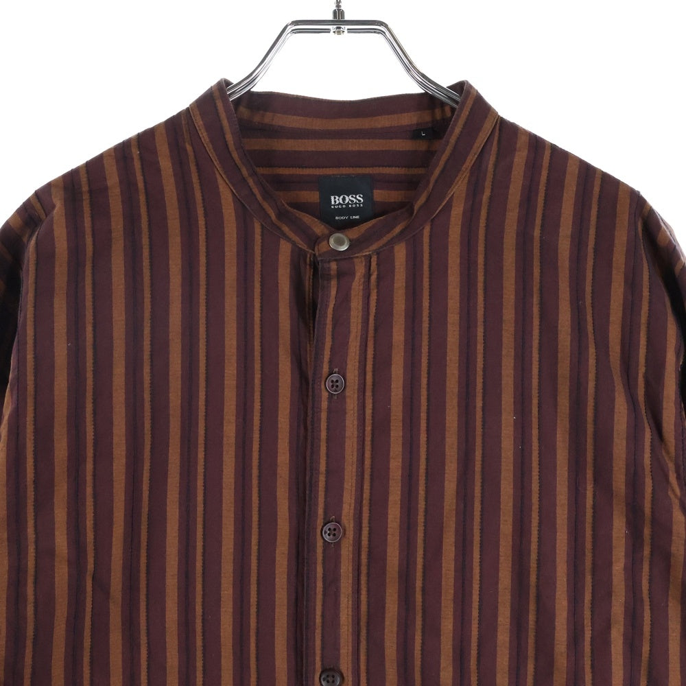 HUGO BOSS(ヒューゴボス) ストライプ柄 長袖ノーカラーシャツ ブラウン/オレンジ