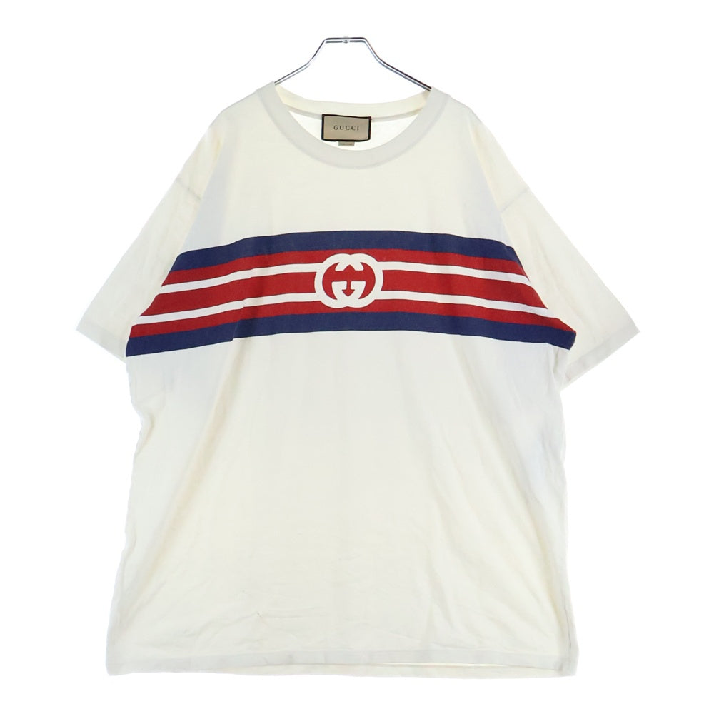 GUCCI(グッチ) 21SS INTERLOCKING G STRIPE PRINT TEE インターロッキング ストライプ クルーネック半袖プリントTシャツ カットソー ホワイト 616036 XJDAG